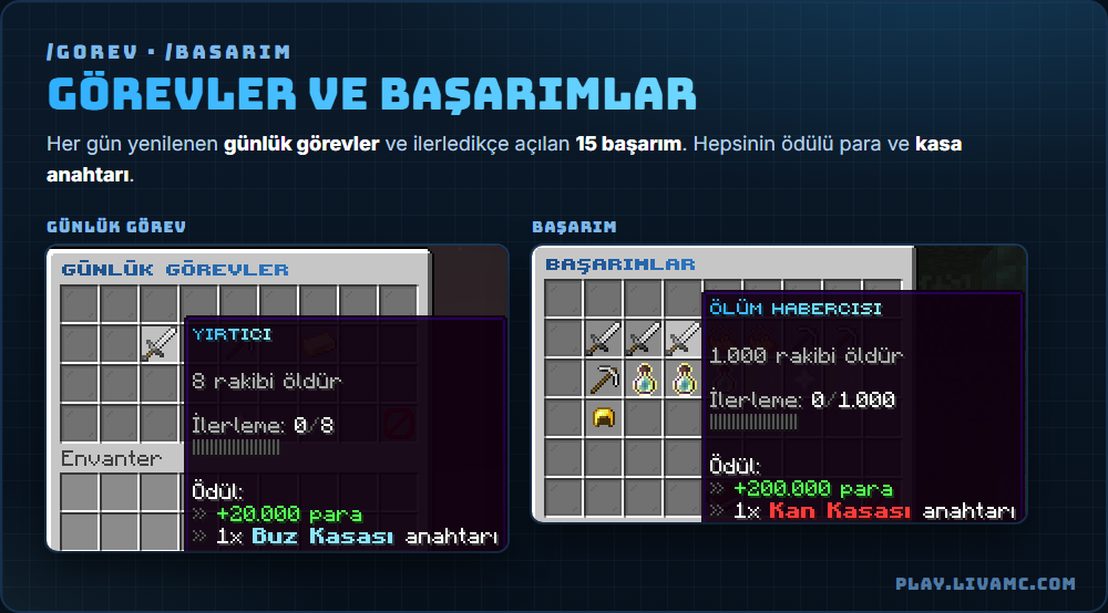 LivaMC BoxPvP günlük görevler ve başarımlar menüsü