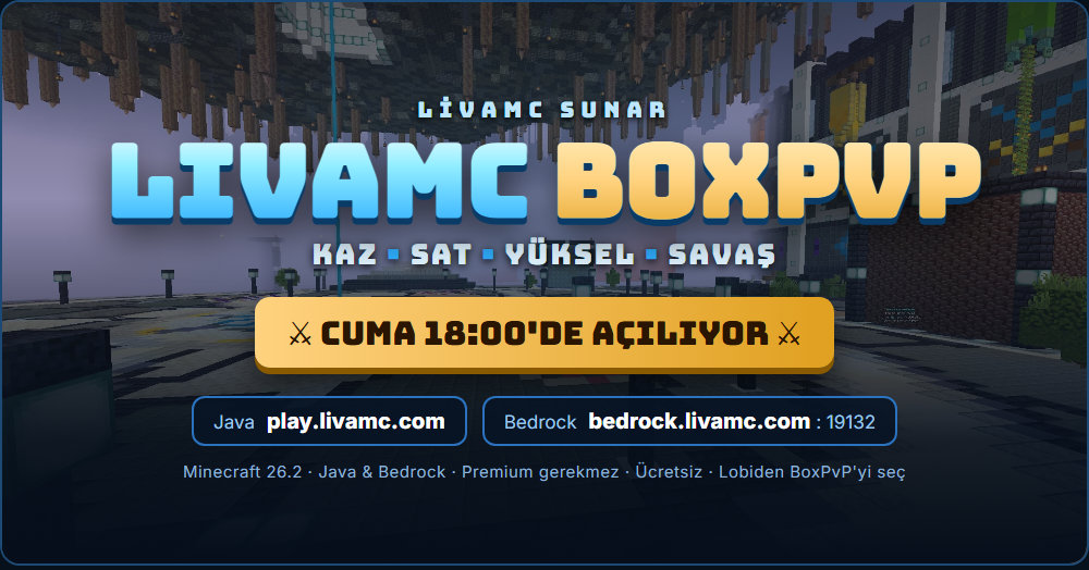 LivaMC BoxPvP - Türk BoxPvP sunucusu, Cuma 18:00'de açılıyor, IP play.livamc.com